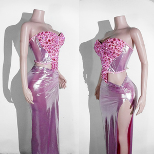 Conjunto de 2 Piezas de Alta Calidad para <span class=keywords><strong>Drag</strong></span> <span class=keywords><strong>Queen</strong></span>: Top Corsé Rosa sin Tirantes con Pedrería y Falda Metálica con Abertura Alta, Ideal para Baile de Salón y Escenario, Personalizable - Product Image 6