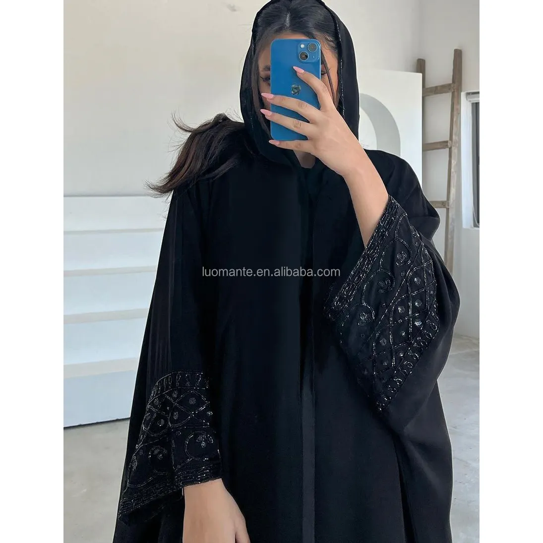 Abaya dubai 2024 Ramadã Preto Luxo Islâmico Dubai Muçulmano Miçangas Abaya para Mulheres