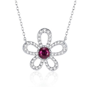 Collar de Plata 925 con Rubí Cultivado, Brillante, con Forma de Flor, para Fiestas, Casual, Cumpleaños, Regalo para Niñas, Sorpresa - Product Image 1