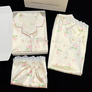 Pijamas <span class=keywords><strong>de</strong></span> <span class=keywords><strong>mujer</strong></span> <span class=keywords><strong>de</strong></span> seda helada <span class=keywords><strong>de</strong></span> primavera y verano, pantalones cortos <span class=keywords><strong>de</strong></span> manga corta, pantalones largos, <span class=keywords><strong>ropa</strong></span> <span class=keywords><strong>de</strong></span> casa, pijamas finos <span class=keywords><strong>de</strong></span> tres piezas - Product Image 6