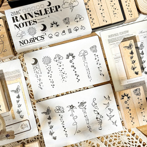Set di 6 Timbri in Legno con Motivi Meteo e Natura, Luna, Sole, Rondine, Fiori, Timbri Decorativi per Diari e Scrapbooking - Product Image 4