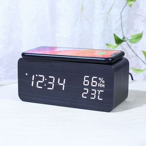Horloge de table numérique électronique en bois avec rétroéclairage LED, surveillance de la température et de l'humidité, commande vocale, alarme, calendriers/dates, piles - Product Image 2