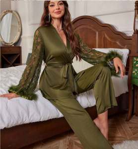 Sfy-y1490 Luxury <b>Wedding</b> <b>Dressing</b> <b>Gown</b> 2pcs Women Casual Lace Sleeve Feather Robe Pants Set Erotic Bridal Elastic Waist Front - Product Image 5