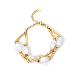 Fashion Beaded <b>Bracelet</b> Gold Plated 316L Stainless Steel <b>White</b> Stone Adjustable Chain Closure - Product Image 1