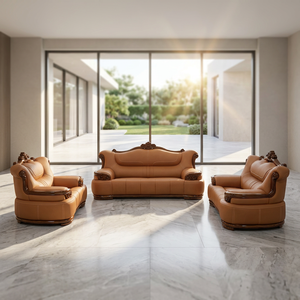 Juego de Sofás de Cuero PU de Lujo Estilo Europeo, Madera Maciza Tallada a Mano, Forma Ovalada, Respaldo Acolchado, para Sala de Estar/Apartamento - Product Image 5