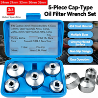 Lot de 5 clés à douille pour filtre à huile, entraînement 3/8, chromées, 6 points, 24mm, 27mm, 32mm, 36mm, 38mm, outil de démontage de filtre, étui rigide