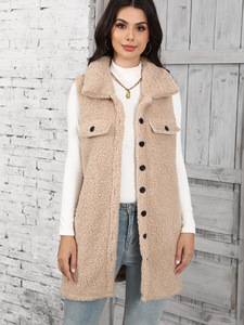 <strong>Women</strong> Lapel Collar <strong>Sherpa</strong> Fleece Vest Sleeveless Button Down <strong>Gilet</strong> With Flap Pockets Casual Ladies Winter Outerwear Jacket - Product Image 1