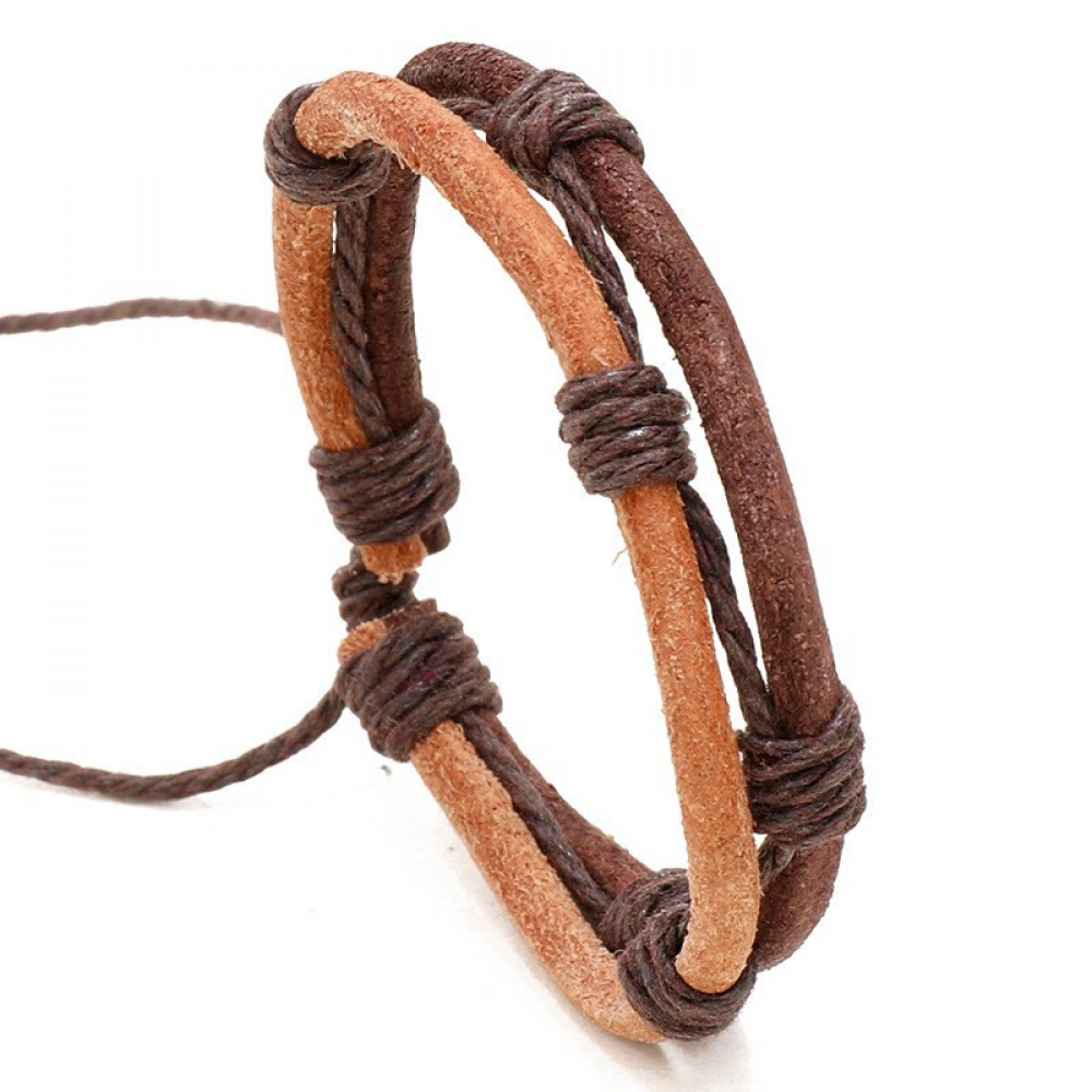 Tribal Leather Men's Braided Wristband Bracelet With Alloy Spring Surf Charm - Brown, Adjustable - View #5
