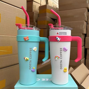 Gobelet isotherme en acier inoxydable noir et rose, grande tasse à café isolée avec paille, 1250 ml, avec poignée pour voyage en voiture, vente en gros - Product Image 4
