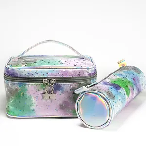 holographic PU leather bag case custom logo large capacity makeups bags shiny star pattern travel cosmetic bag