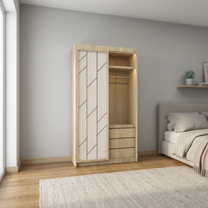 Armario Arion HPL, Diseño Moderno y Natural, Mueble de Dormitorio, Armario de Madera con Puertas Corredizas, Montaje en Pared, 3 Cajones, Resistente, para Hogar y Hotel - Product Image 4
