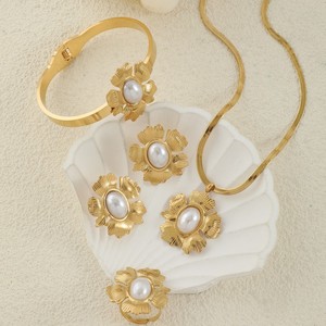 Ensemble de bijoux en acier inoxydable et pierres naturelles de la <span class=keywords><strong>série</strong></span> Lotus, comprenant un anneau à cheveux à haute élasticité, des boucles d'oreilles et un collier pour femmes, tendance - Product Image 6