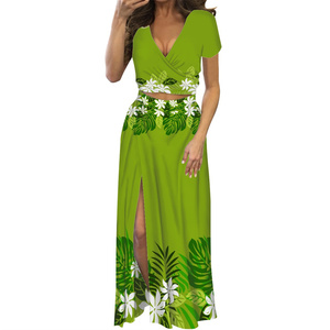 Verde polinesio Tribal Tapa ropa elegante hibisco flores mujeres Maxi vestido verano manga corta cuello en V vestido estampado bajo demanda - Product Image 1