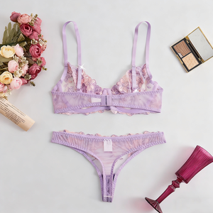 ロマンチック魅力的な女性セクシーな薄手ランジェリーセットレース刺繍ボディシェイプ半透明高級ランジェリーブラパンツセット - Product Image 6