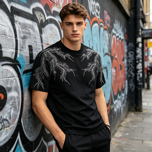 T-Shirt da Uomo in Cotone 100% di Alta Qualità, Pesante, Nero, con Motivo a <span class=keywords><strong>Pois</strong></span> e Strass Scintillanti, Stile Hip Hop Streetwear - Product Image 3