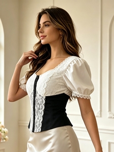 Women <b>Corset</b> Blouse <b>Puff</b> Short <b>Sleeve</b> Sweetheart Neck Contrast Color Fitted Party Dating Going‑out Outerwear <b>Top</b> - Product Image 2