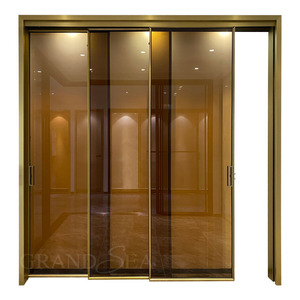 <span class=keywords><strong>Porte</strong></span> <span class=keywords><strong>coulissante</strong></span> moderne en verre et aluminium à trois rails automatiques dorée - Product Image 3