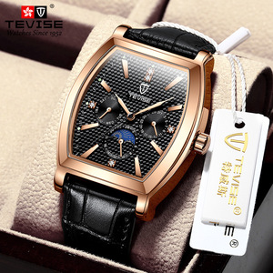 Montres pour hommes, cadran ajouré, forme tonneau, bracelet en cuir véritable, tourbillon automatique mécanique, modèle 8383D - Product Image 1