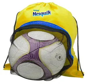 custom brand logo Polyester double drawstring soccer backpack with mesh zipper pocket Gym sport for football basketball carrier
