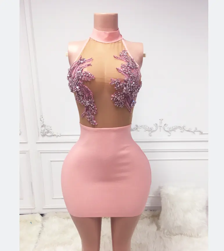 Ocstrade gaun balutan Mini Pink tanpa lengan leher Halter Xl 2023 gaun klub kristal elegan gaun berlian imitasi Bodycon balutan seksi