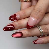 Faux ongles à presser vintage rouge bordeaux à pois avec nœud, en acrylique, avec nœud rouge 3D et French manucure effet œil de chat, pour rendez-vous, festivals et soirées