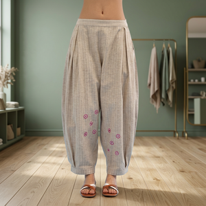 Women's High Waist <b>Harem</b> Pants | Casual Loose Fit Balloon <b>Trousers</b> with Embroidery & Pleated Design - Product Image 4