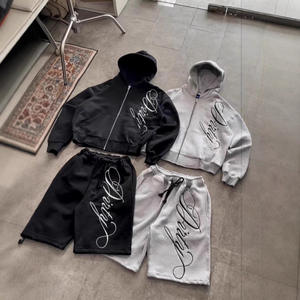 Conjunto de Sudadera con Capucha y Pantalones Cortos de Primavera para Hombre, 2 Piezas, Chándal de Terciopelo con Cremallera Bordada Personalizada y Pantalones Cortos Holgados - Product Image 1