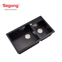 Évier de cuisine rectangulaire en composite Silgranite noir, double bac en quartz, évier de cuisine en granit