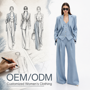 Completo da Donna <span class=keywords><strong>in</strong></span> <span class=keywords><strong>Misto</strong></span> <span class=keywords><strong>Lino</strong></span> e Cotone, Oversize, Azzurro, per Ufficio e Cerimonie, Set 2 Pezzi con Blazer e <span class=keywords><strong>Pantaloni</strong></span> a Gamba Larga - Product Image 1