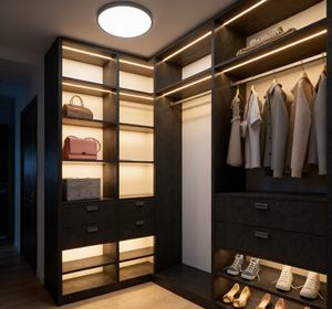 Custom Modern Open Wardrobe Closet | LED-Lit Multi-Layer Organizer + <b>Corner</b> Layout|Floor-to-Ceiling Storage <b>Cabinet</b> for Bedroom - Product Image 4
