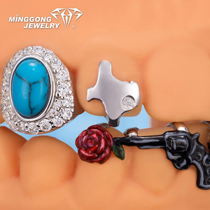 Grillz personnalisé haut et bas 6 8 en argent, turquoise, or rose, Moissanite VVS, plaqué or 14K, style Hiphop, serti, bijoux fins unisexe - Product Image 5