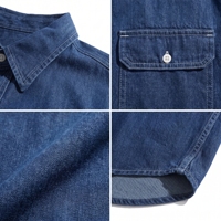 Chemise longue en jean délavé style streetwear et workwear vintage pour homme, avec doubles poches à rabat et boutons contrastants, respirante