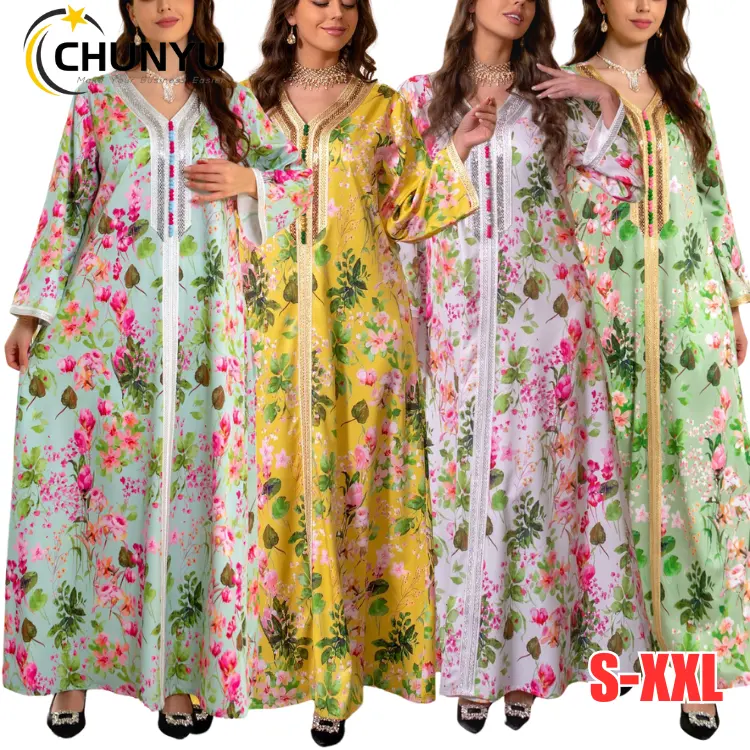 Women's Muslim Floral Printed Hot Diamond Abaya Dubai Party Maxi Dress Eid Arab Embroidered Robe Islamic Moroccan Kaftan