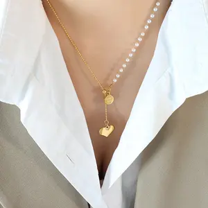 Boa Sorte Jóias De Enchimento De Ouro Pérola Rodada Tags Colar De Aço Inoxidável 3d Coração Pingente Colar Para As Mulheres