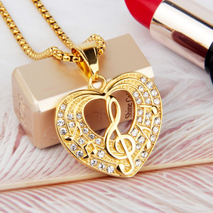 Collar Largo de Acero Inoxidable con Colgante de Corazón y Símbolo Musical, Chapado en Oro, con Diamantes, de Alta Calidad para Mujer - Product Image 4