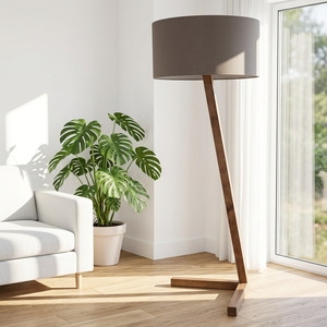 Lampe de sol moderne en bois avec abat-jour en tissu gris, design minimaliste, éclairage LED pour salon, chambre à coucher, bureau - Product Image 3