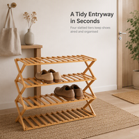 Étagère à chaussures en bambou à 4 niveaux avec étagères à lattes, structure pliable en X, design à circulation d'air pour entrée, couloir, placard