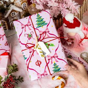 Yarcony Reversible Pink Christmas Wrapping <b>Paper</b> <b>Roll</b> 17 Inch X 33 Feet Double Side Gift Craft Recyclable - Product Image 2