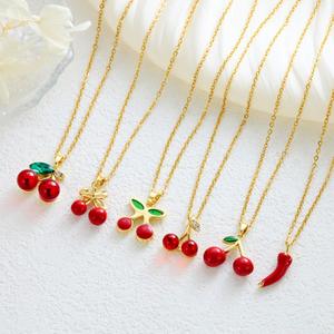 Dulce lindo aceite goteo fresa fruta colgante 18K chapado en oro Acero inoxidable delicado joyería Collar para niñas mujeres Idea de regalo - Product Image 4