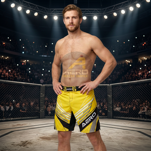 Shorts MMA unisexes AERO jaunes, impression par sublimation, évacuation de l'humidité, séchage rapide, respirant, coupe régulière pour les arts martiaux mixtes, 100% - Product Image 2