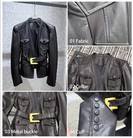 Veste en cuir de mouton véritable gaufré crocodile pour femme, avec ceinture à boucle dorée, poches à rabat, bleu noir, style motard court, automne hiver
