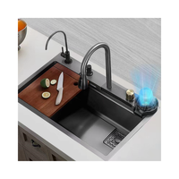 Évier de cuisine à cuve unique en acier inoxydable 304 noir, finition cascade, avec robinet intégré, multifonction, moderne, pour comptoir