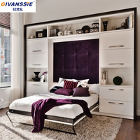 Lit mural escamotable moderne Queen/King Size avec tête de lit douce violette, bibliothèque latérale et tiroirs de rangement, pliable et invisible pour petit studio