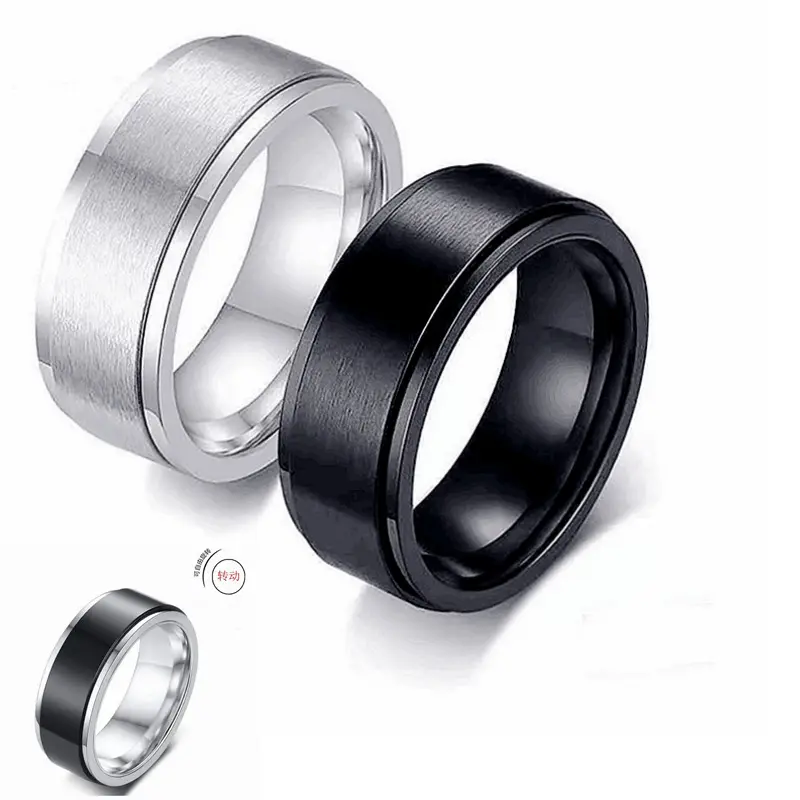 Simple High Quality Titanium Steel Spinner Ring 8mm Silver Black Rotating Hip Hop Men Fashion Jewelry Rings