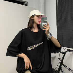 Logo personalizzato Estate Manica Corta di Base Allentato Cotone Highstreet Fidanzato Magliette Delle Donne di Colore Solido di Grandi Dimensioni - Product Image 3