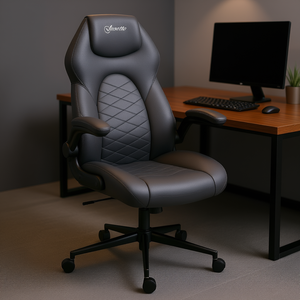 Chaise de bureau ergonomique en cuir PU gris foncé à dossier haut, accoudoirs relevables réglables, hauteur réglable, roulettes pivotantes, fonction d'inclinaison - Product Image 2