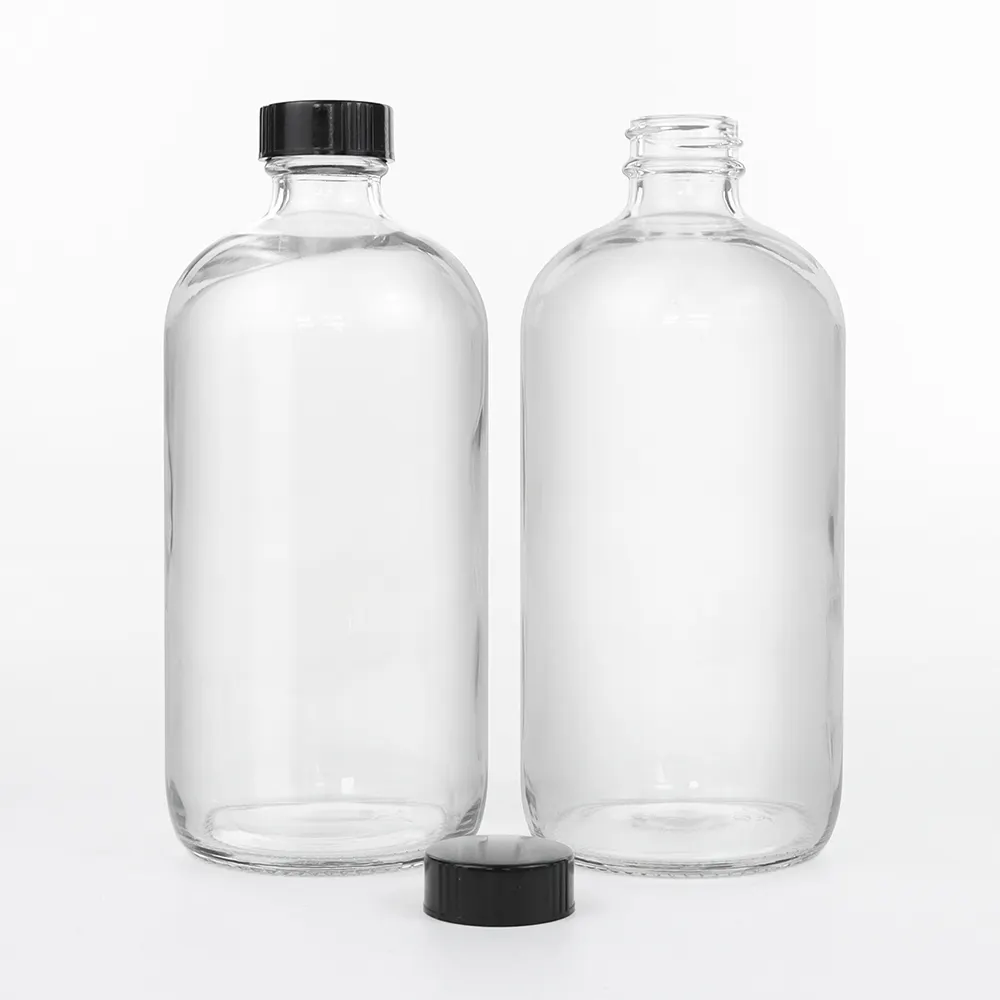 उच्च गुणवत्ता वाली खाली गोल बॉस्टन ग्लास की बोतल 16 औंस स्पष्ट ग्लास की बोतल 28-400 गर्दन फिनिश के साथ