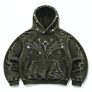 Sweat-shirt à capuche noir personnalisé avec strass, unisexe, coupe oversize, style streetwear, en molleton bouclette 100% coton respirant - Product Image 2