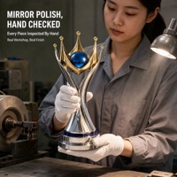 Fabricant de trophées métalliques sur mesure OEM/ODM, trophée sphérique bleu couronne, fournisseur de trophées métalliques sur mesure pour événements haut de gamme