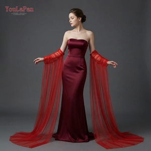 YouLaPan VG136-R Cape de mariée longue à traîne, manches châle, rouge, en maille simple, avec dentelle, détachable, confortable à porter - Product Image 5